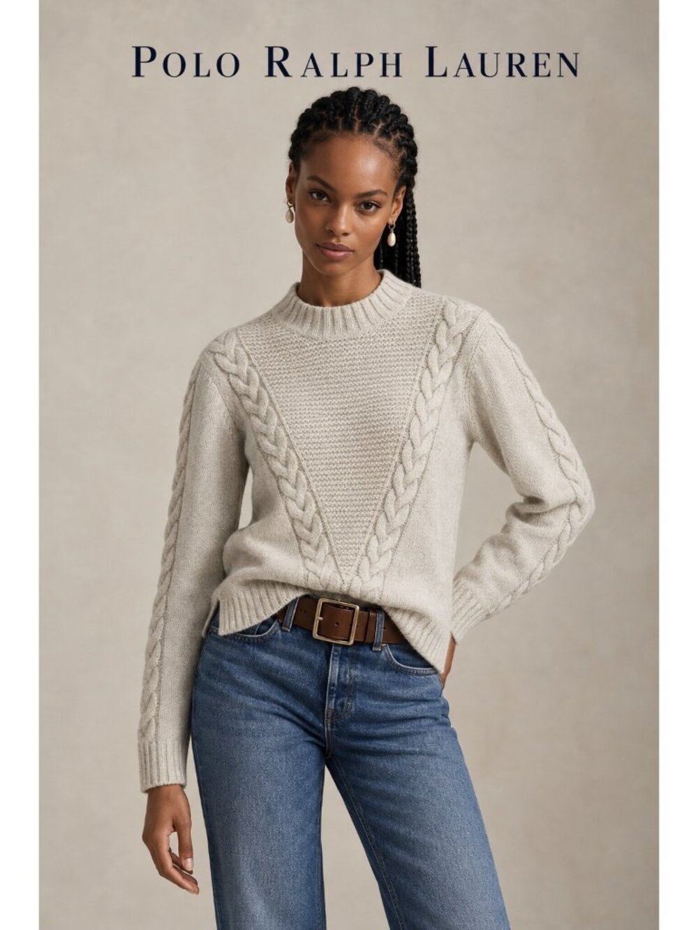 Polo Ralph Lauren 100% Cashmere Light Gray Cable Knit Sweater M